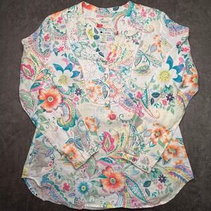 MALVIN Linen Tunic Top Sz M Floral Print V Neck Button Front Beach Resort Cruise